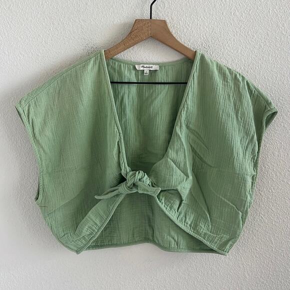 Madewell Green Gauzy Front Tie Top Boho Natural Lagenlook Layering Large - Picture 1 of 5